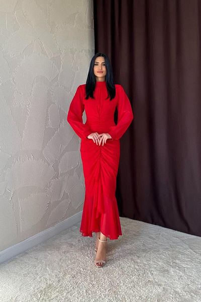 leyla sanat sanata yeni bir bakış açısı Leyla Art Art a New Perspective Red Front Gathered Chiffon Dress