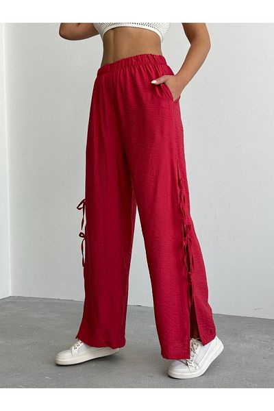 alenmoda Women's Burgundy Elastic Waist Side Slit Modal Textured Bow Trousers
