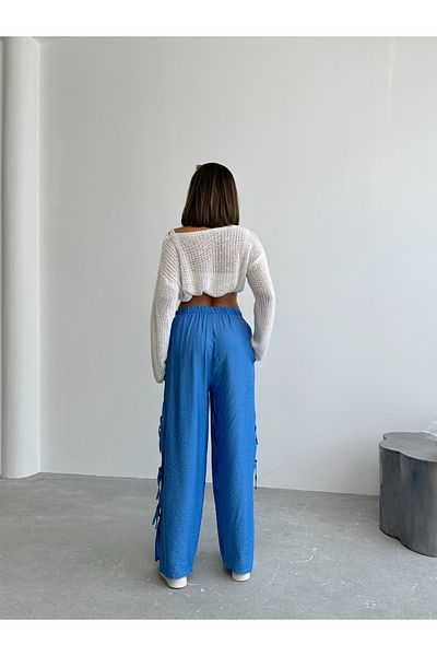 alenmoda Γυναικείο παντελόνι Brshka με μπλε νέα ελαστική μέση με σκίσιμο στο πλάι Modal με υφή