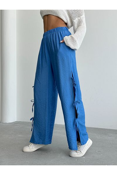 alenmoda Γυναικείο παντελόνι Brshka με μπλε νέα ελαστική μέση με σκίσιμο στο πλάι Modal με υφή
