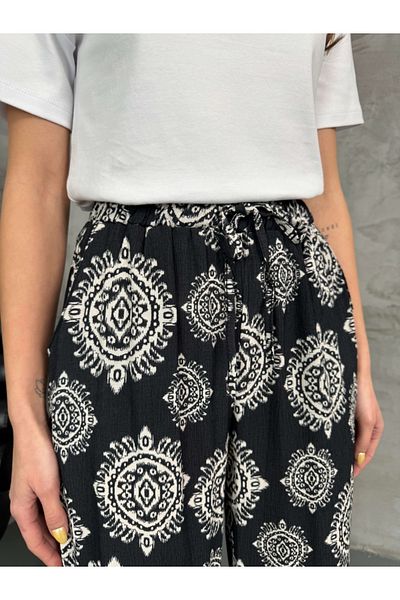Elif Özbey Butik Black Ethnic Patterned Loose Trousers