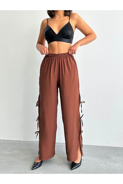 alenmoda Women's Brown Elastic Waist Side Slit Modal Textured Bow Brshka Trousers