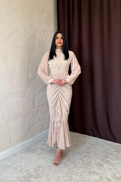leyla sanat sanata yeni bir bakış açısı Leyla Art Art a New Perspective Beige Front Gathered Chiffon Dress
