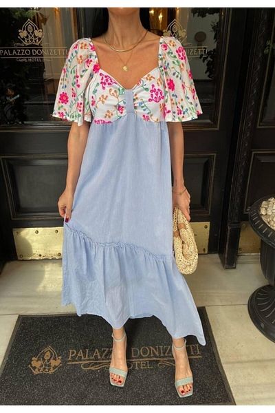 Simala Blue Colored Embroidery Patterned Dress