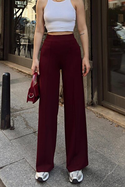 Swist Burgundy High Waist Elastic Grass Detail Wide Leg Women's Sweatpants