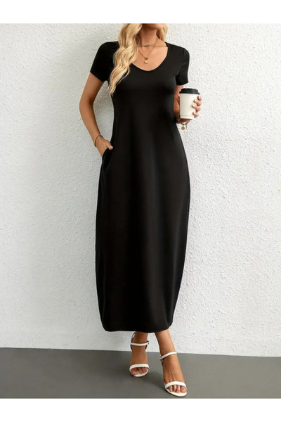 babatr.com Sensuelle Women's Short Sleeve Collar Round Pocket Viscose Dress