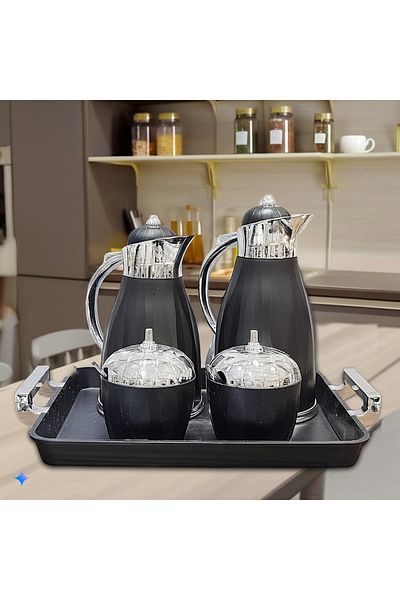 TrentonGCC Elegant Arabic Coffee & Tea Thermos Set – 1l Insulated Flasks With Serving Tray & Sugar Bowls