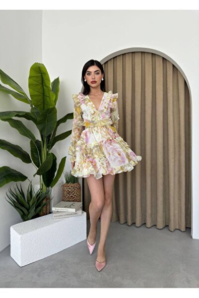 ETİKAFASHION TASARIM SIRT DEKOLTELİ ÇİÇEK DESENLİ ŞİFON ELBİSE