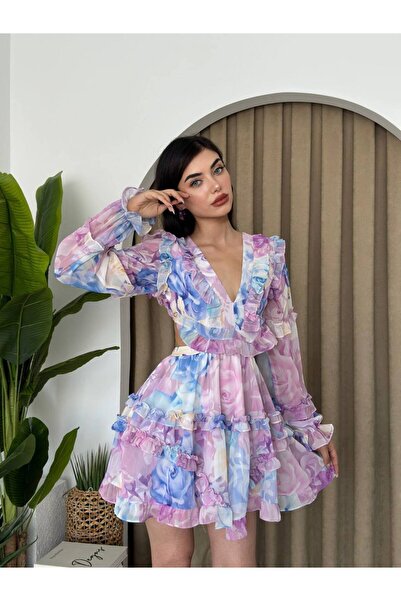 Genel Markalar TASARIM SIRT DEKOLTELİ ÇİÇEK DESENLİ ŞİFON ELBİSE