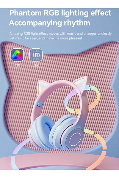 FlashHawk سماعة رأس بلوتوث فوق الأذن، سماعة رأس ستيريو RGB Cat-Ear، بطاقة TF/وضع سلكي/لاسلكي - وردي أزرق