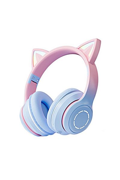 FlashHawk سماعة رأس بلوتوث فوق الأذن، سماعة رأس ستيريو RGB Cat-Ear، بطاقة TF/وضع سلكي/لاسلكي - وردي أزرق