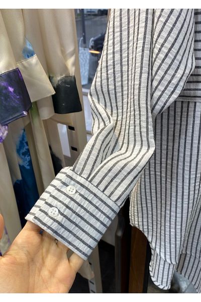 PERA MODA Cămașă supradimensionată cu dungi Luna, cu buzunar dublu, spate lung și față scurtă