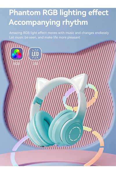 FlashHawk Bluetooth Over-Ear Headphone,RGB Cat-Ear Stereo Sound Headset,TF card/Wired/Wireless Mode-Green