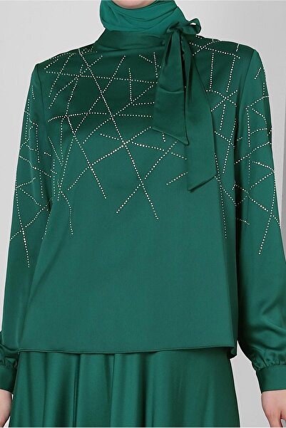 Alvina Stone Detail Skirt Pleated Satin Suit 43666