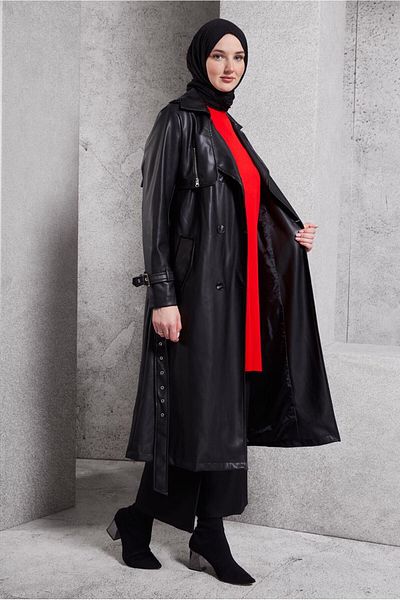 Alvina Belted Funny Leather Trench Coat 10910