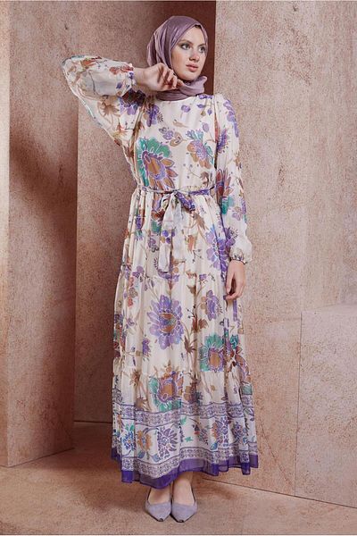 Alvina 44605 Model Flower Patterned Chiffon Dress