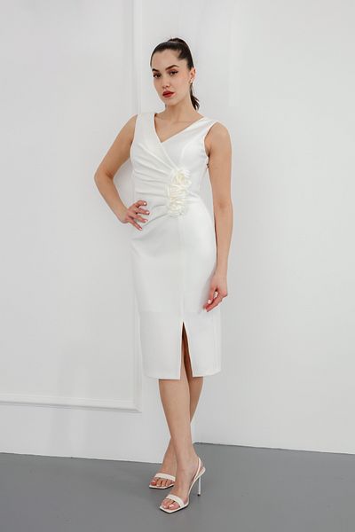 Lafaba Women's White Floral Detailed Promise Engagement Wedding Evening Dress