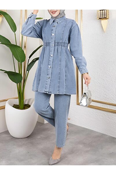 MACMODA طقم جينز وسترة وبنطلون بأزرار مع خصر مطاطي