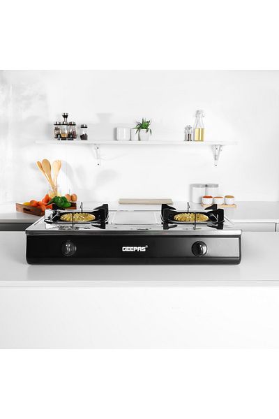 Geepas Stainless Steel Gas Cooker HeavyDuty Brass Burner Enameled Pan Support Auto Ignition System GGC31040