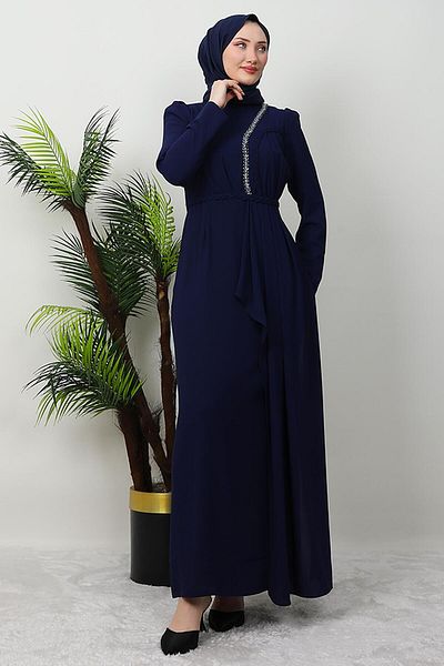 GİYZAMİLA Navy Blue Sırma Braided Crepe Dress