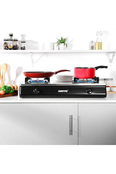 Geepas Stainless Steel Gas Cooker HeavyDuty Brass Burner Enameled Pan Support Auto Ignition System GGC31040