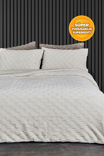Evlen Home Collection طقم لحاف سرير من الفرو مع ملاءة سرير مفردة من القطيفة الناعمة رودي 3 قطع كريمي أوف وايت