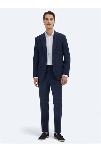 Kip Navy Blue Checkered Modern Fit Wool Blend Suit