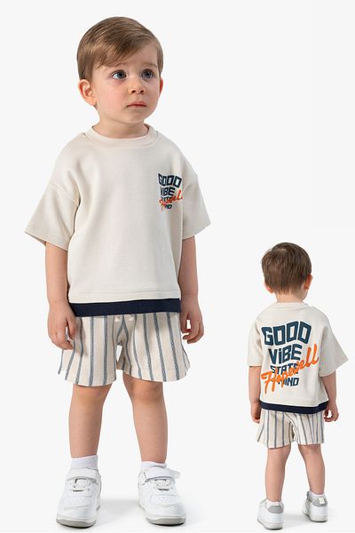 Jikko Baby طقم شورت مخطط مطبوع من الخلف للأطفال الرضع مكون من قطعتين 3603
