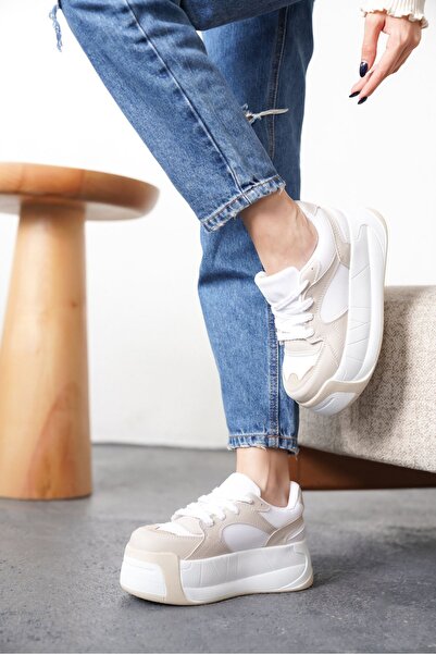 MODAADAM Women's Gustov Thick Sole Sneakers - White-Beige