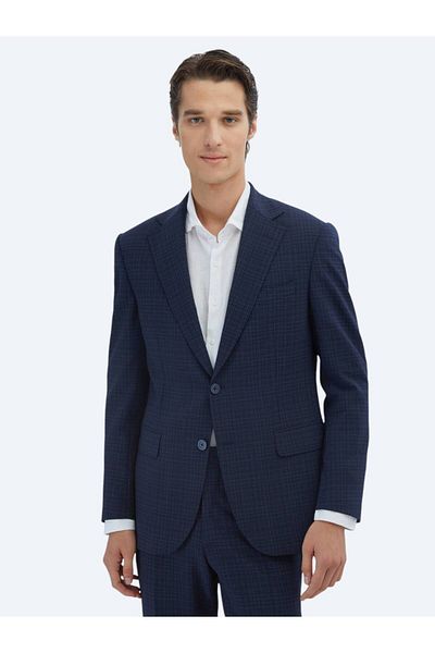 Kip Navy Blue Checkered Modern Fit Wool Blend Suit