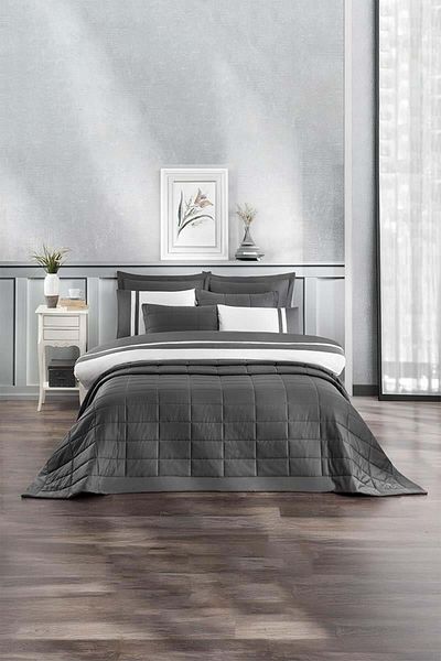 Altınbaşak Vespera Double Duvet Cover-Bedspread Set Anthracite (9 Pieces)