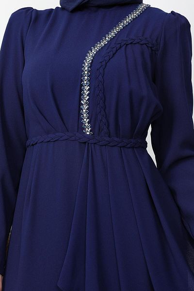 GİYZAMİLA Navy Blue Sırma Braided Crepe Dress