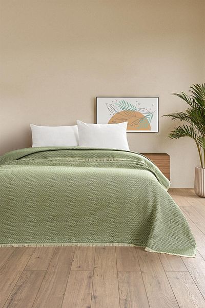Denizli Concept Pera Green Bedspread - Zigzag Patterned Pique - 200X230 cm