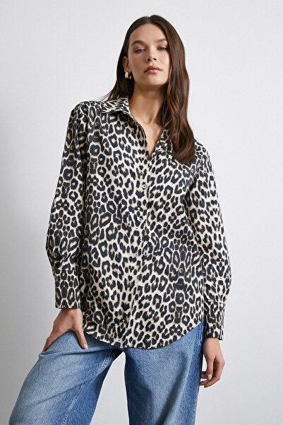 PROTO SUIT Leopar Desenli Pamuklu Bej Gömlek