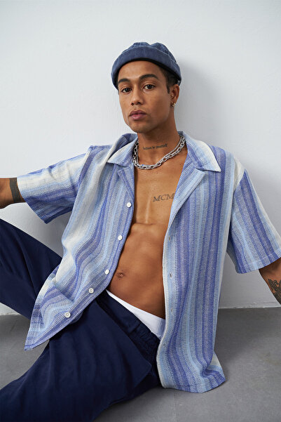 Mesfeno Cămașă oversize pentru bărbați cu guler cubanez în dungi