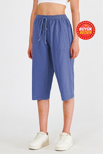 Dechers Women's Large Size High Waist Linen Look 100% Cotton Capri W203