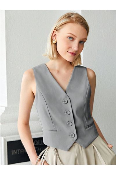 thefun fashion Women's Smoke Gray V-Neck Closure Lined Stylish Ayrobin Buttoned Fleto Pocket Vest