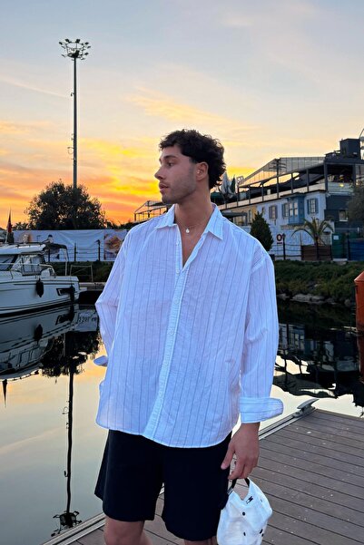 Flaw Wear Ριγέ Oversize Λευκό Μακρυμάνικο Πουκάμισο