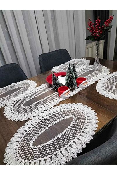 Çt Çeyizci Tekstil 1 Runner 6 Supla Cream Food Serving Set - American Presentation Set