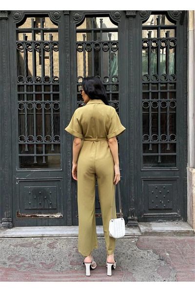 gelirr Linen jumpsuit with waist tie detail - green