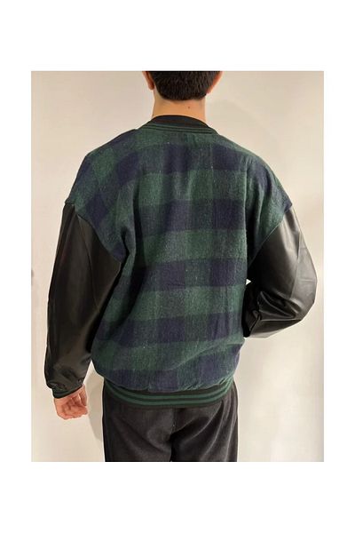 İpeksi Men's Gingham Pattern Embroidered College Jacket - Khaki