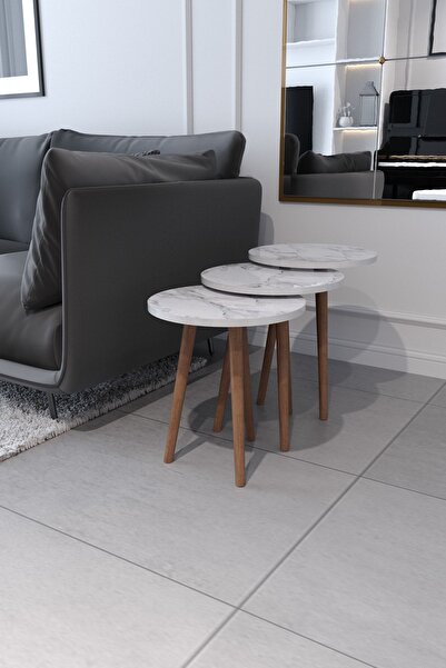 Tokyo Zigon Coffee Table & Side Table 3-Piece Round Coffee Table with Wooden Legs - White Marble Pattern