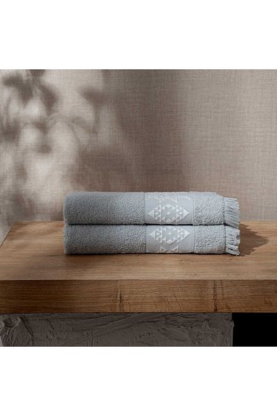 Green Black Hereke Set of 2 Hand and Face Towels 100% Cotton Jacquard Light Gray 50x80 Cm