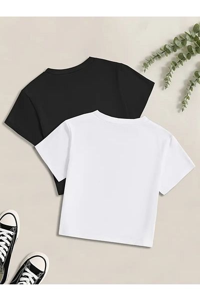 Jooy Μαύρο και άσπρο Lycra κοντομάνικο σε εφαρμογή Crop T-Shirt Σετ 2 τεμαχίων