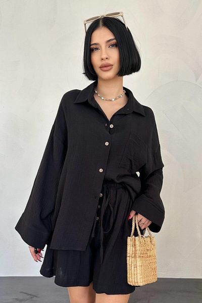 modaserdem Black Shirt and Muslin Shorts Set