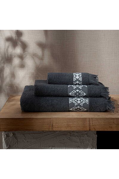 Green Black Anthracite Cream Bordered 3-Piece Hereke Towel Set