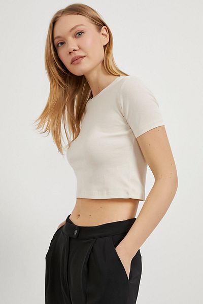 Arma Life Tricou de damă cu mânecă scurtă cu decolteu crop Stone