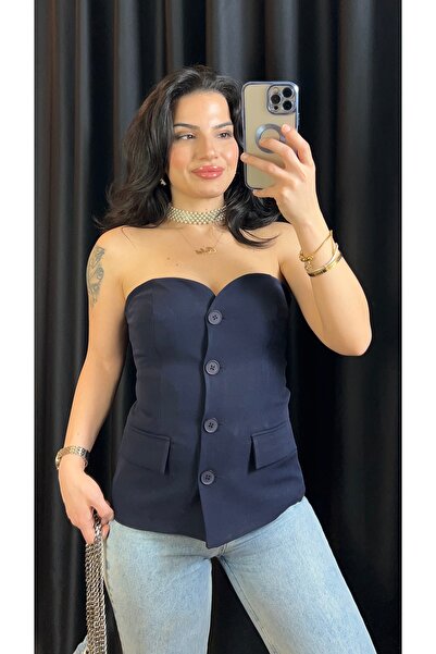 Butik LACİVERT STRAPLEZ DÜĞMELİ BLUZ