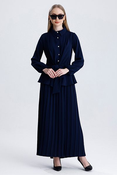 MD trend Women's Pleated Skirt and Skirt Flounce Tie-Up Shirt Blouse Double Set