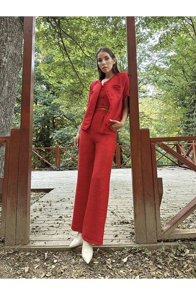 Simala Red Strap Bustier Jacket and Trousers Set